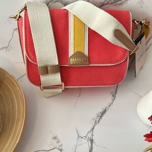 NWT Market by QVC Vibrant Coral & Yellow Denim Crossbody Bag w/Geometric Design